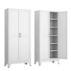 75.2" Tall Pantry Cabinet, Kitchen Pantry Storage Cabinets with 2 Door and 5 Adjustable Shelves, White Metal Pantry Storage Cabinet, Cupboard for Kitchen, Dining Room, Living Room and Bathroom Organizer