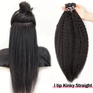 2025 NEW Fashion 1pc Kinky Straight Human Hair Extensions, Natural Black Keratin I Tip Nano Ring, Microlinks for Easy Installation, Natural Hair Blend |   Kinky Straight Texture |   Keratin Hair Product