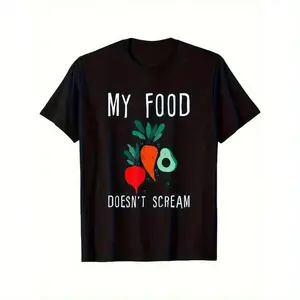 180gMost Popular Men'S My Food Doesn't Scream Graphic Tee - Fun Vintage Crew Neck, 100% Cotton, Short Sleeve Casual T-Shirt With Playful Veggie Design, Black, Casual Wear Classic Crew Neck Durable Knit