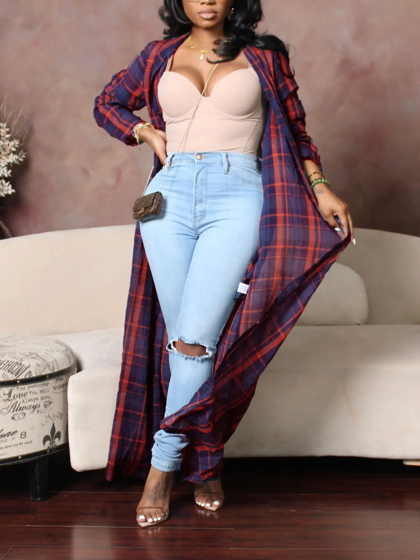 Women's Trendy Long Plaid Open-Front Cardigan Duster Jacket & Fitted Button Crop Top - Basic Lady Vibe, Casual Lightweight Breathable Fabric, Longline, Pairable with Leggings/Jeans for Winter Wear