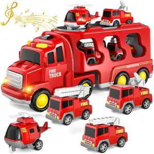 Kids Rescue Vehicle Carrier Toy – 5 Variants: Fire Truck, Police Car, Ambulance & Construction Truck – Foldable, Lights & Music – Best Xmas Gift for 3+ Year Olds