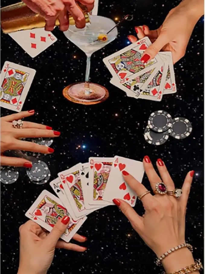Square Drill Diamond Painting Glam Poker Night Scene Playing Cards Casino Chips Cocktail Glass Ladies Hands Starry Dark Background Party Crystal Rhinestone Wall Decor Gift