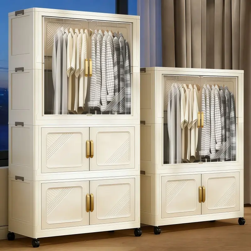GoldSnake White Multi-Tiered Closet with Glass Doors & Gold Handles for Organized Living Spaces,57cm/22.44in Foldable Clothes Storage Cabinet With Magnetic Doors, Stackable Storage Organizer With Universal Wheels, Wardrobe Storage Bin Wit