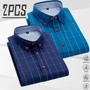 Two-pack men’s plaid shirts with contrasting colors, British business-casual style. Wrinkle-resistant, breathable, skin-friendly fabric. Orange contrast buttons paired with plaid details within the collar. Drapes well, slimming without being figure-depend