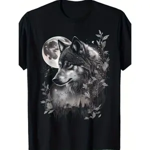 Men's Grey Wolf and Moon Pattern T-Shirt - Breathable Cotton Casual Outdoor T-Shirt, Featuring Realistic Wolf and Moon Design, Durable Regular Fit Short Sleeve Shirt, Men's Sizes S-XXXL, Wolf T-Shirt, Nature-Themed Clothing, Nature-Inspired Design
