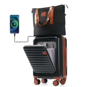 20inch ABS Hard Shell Spinner Front Opening Luggage Set with Expandable Travel Bag Set,USB Port ,Cup Holder,TSA Lock Spinner Suitcase Set,hardside suitcase,tumi luggage