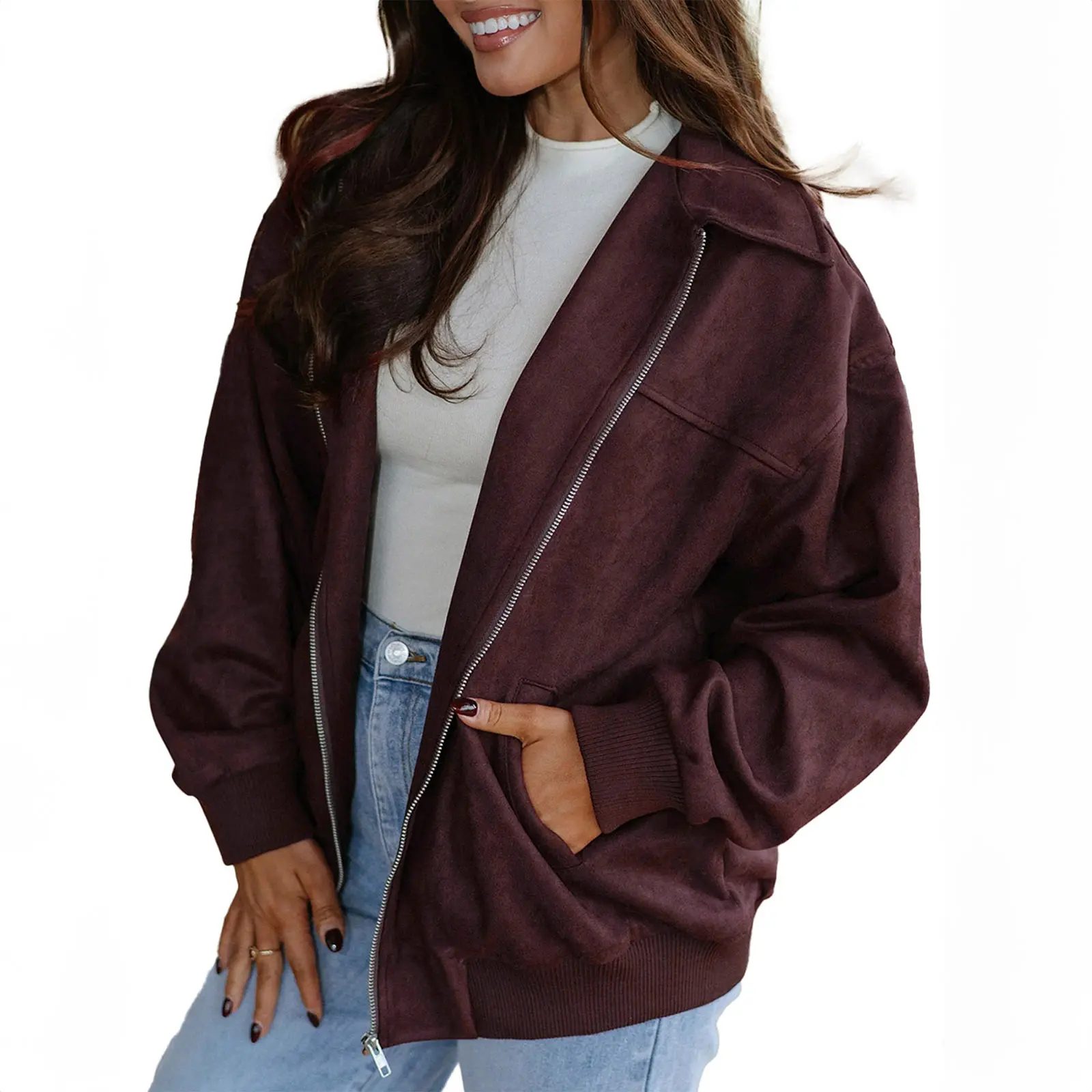 Asvivid Women's Faux Suede Collared Bomber Jacket - Long Sleeve, Metal Zipper, Loose Relaxed Fit, Ribbed Cuffs, Casual Fall Coats & Tops Outerwear