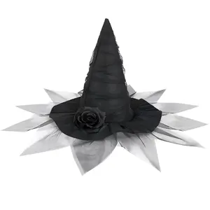Halloween Witch Hat, Ruched Witches Hats for Women with Veil and Rose Wizard Hats Halloween Costume Accessories