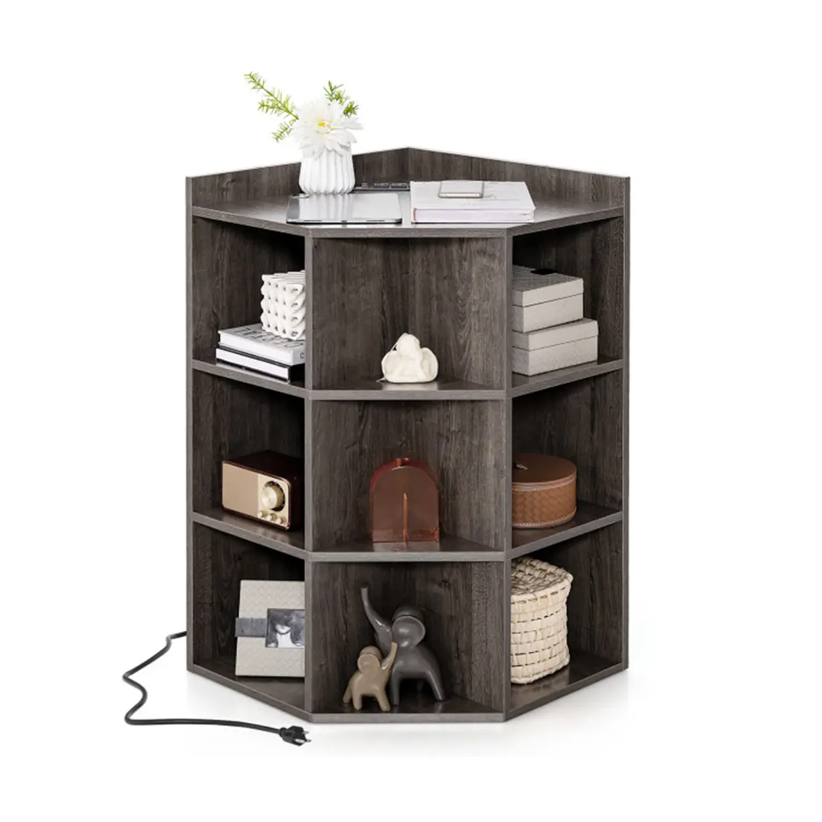 Industrial Triangular 6-Cube Wooden Corner Storage Cabinet - Sturdy, Widened Base, USB Ports & Outlets, Cable Management, Small Space-Friendly, Suitable for Study, Nursery