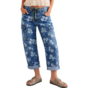 Flamingals Floral Print Roll Hem Drawstring High Waist Barrel Leg Crop Jeans Womenswear Stretchy 23.6" Inseam