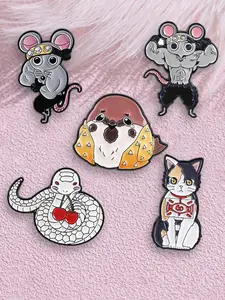 5 Piece Set Demon Slayer Cartoon anime Enamel Pin Funny Anime Muscle Mouse Chubby Sparrow White Snake Cherry Three Color Cat Chibi Animal Design for Backpack Jacket Accessories Fashion Jewelry Decoration Gift for Anime Fans Lovers