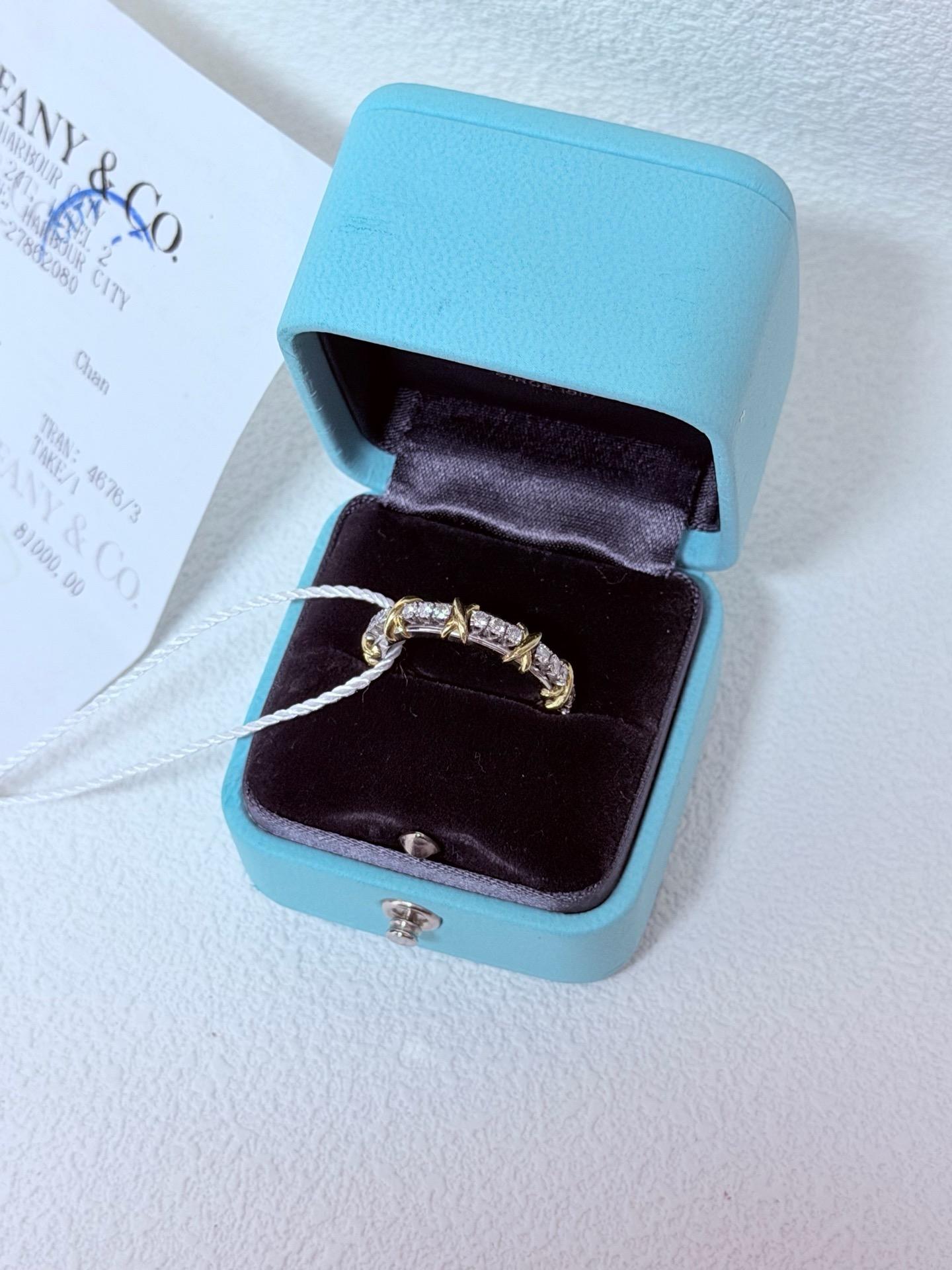 Pre-owned Tiffany & Co. Sixteen Stone Narrow Band Ring, Platinum & Yellow Gold with Diamonds, US Size 7.5