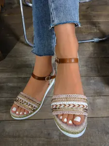 Women's Gingham Pattern PU Sole Sandals, Casual Textile Upper Less Than Ankle Height Summer Footwear, Classic Daily Wear Shoes