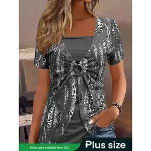 【Plus Size】 Ethnic Pattern Square Neck Tee, Boho Casual Short Sleeve T-Shirt for Summer, Women's Plus Clothing for Daily Wear, Top