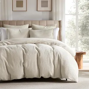 Cotton Luxury Honeycomb Duvet Cover Set  Size with  Zipper, Neutral Beige Waffle Weave Bedding, Textured Soft and Breathable Washed, Linen Like, 3 count, 90x90 inches
