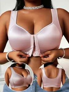 Single-piece pack of women's smooth solid color Seamless plus size front-closure bra with decorative details, wide shoulder straps, non-removable pads, wire-free smooth finish. Women's plus size bras and lingerie.