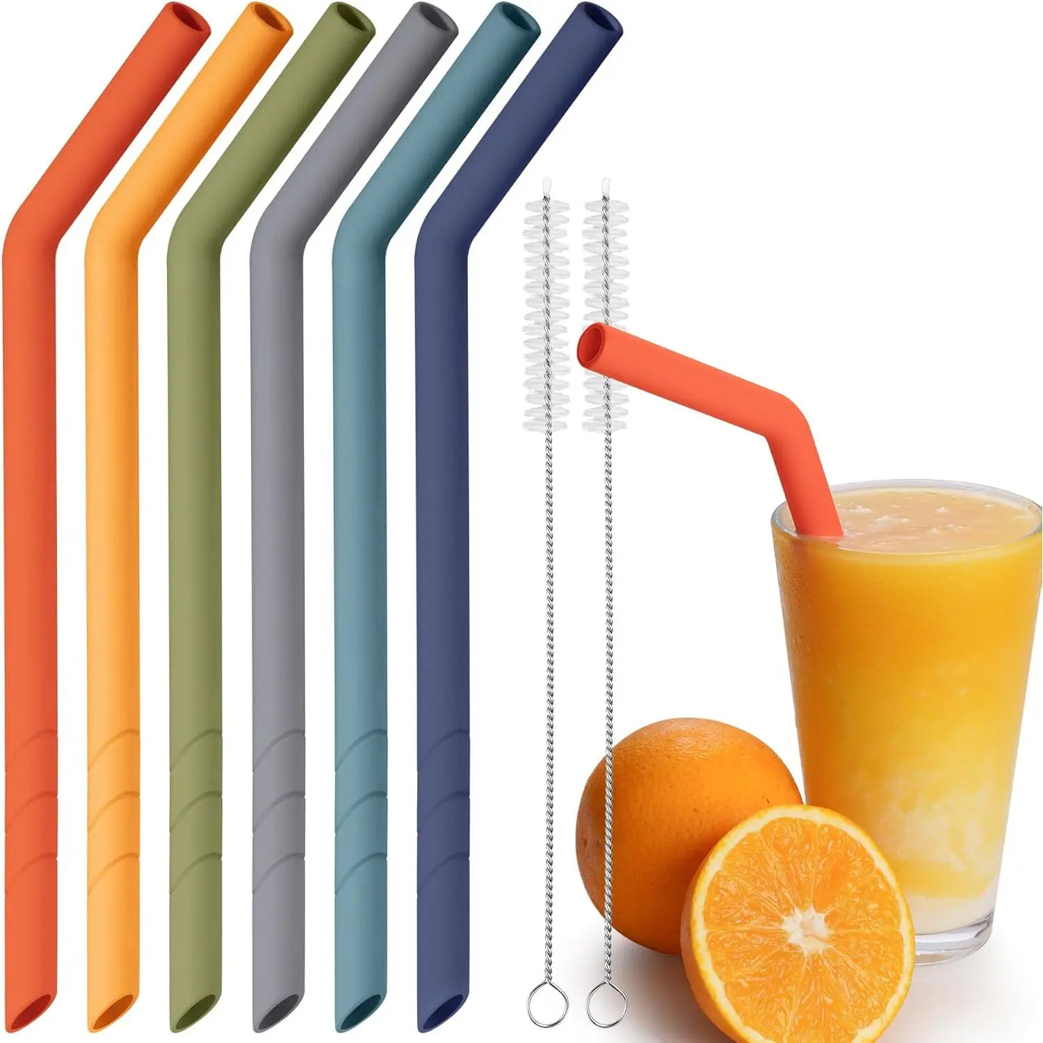 6PCS Extra Wide Reusable Bent Silicone Straws for Boba, Thick Drinks, Parents & Colleagues, Child-Safe, Customizable Length, 2 Cleaning Brushes, Deep Rainbow & Black/White/Gray Kitchen Bar Utensils