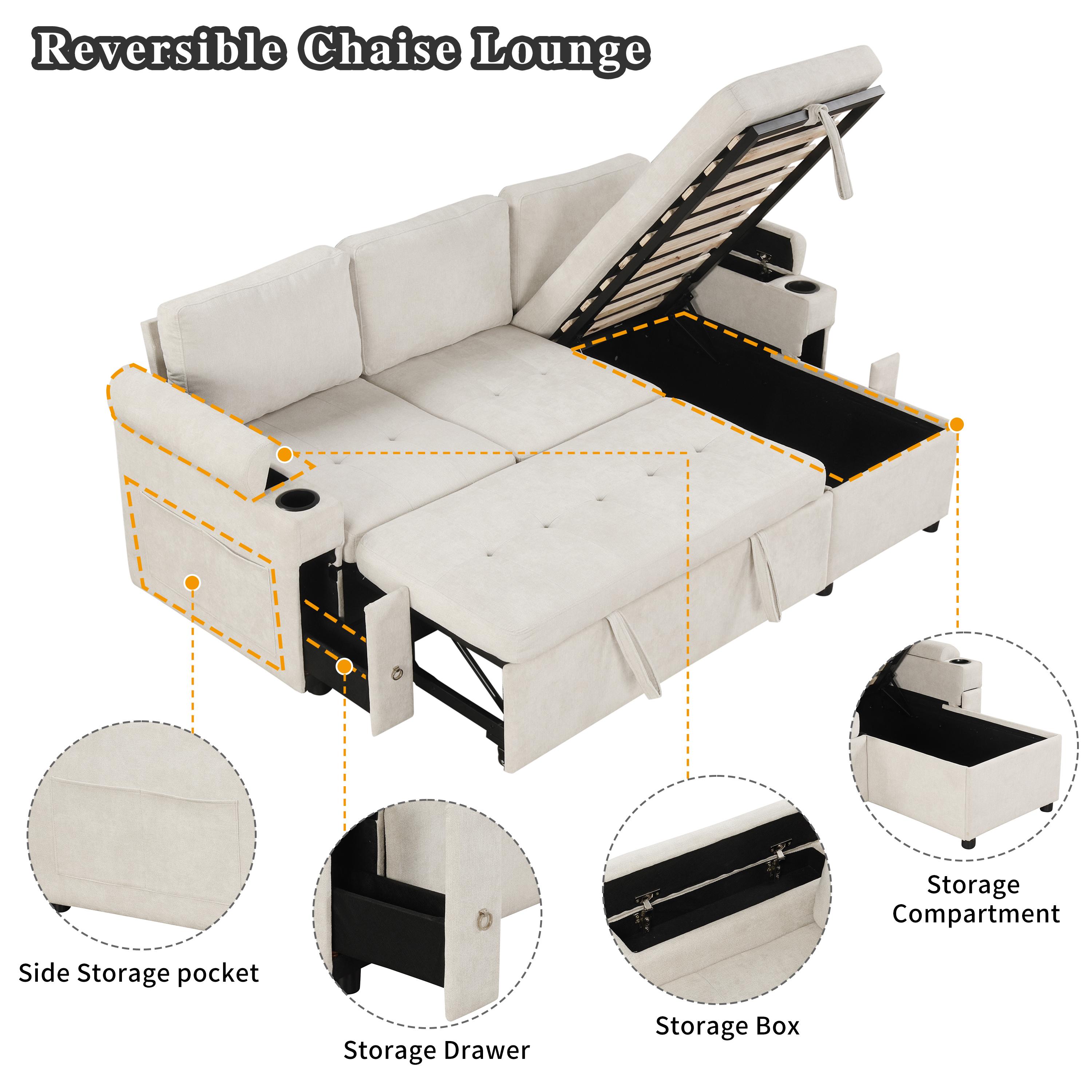 83.5" L-shaped Sofa Couch Convertible Sofa Bed Sectional Sofa with Ample Storage Space, Two Cup Holders and Two USB Ports for Living Room