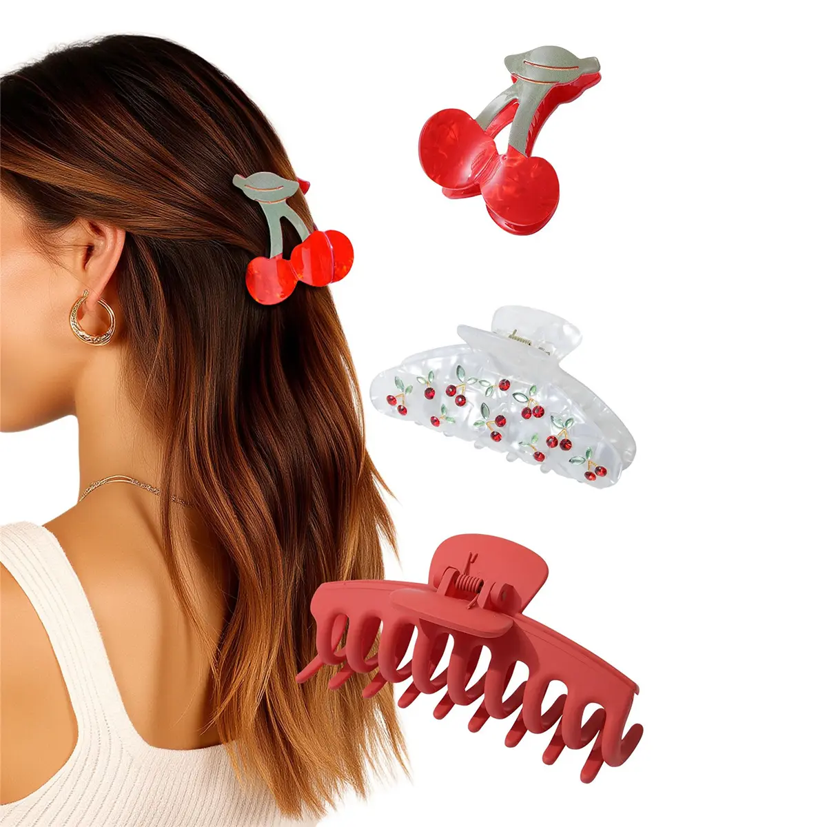 3-Piece Cute Fruit Claw Clips for Women, Acrylic Cherry Strawberry Lemon Hair Accessory Set with Strong Non-Slip Grip for Summer Style, Hair Pin Set, Cherry Hair Claws