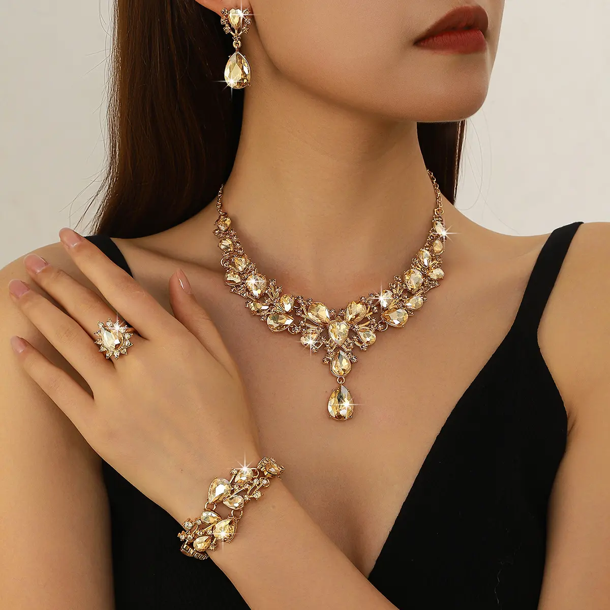 Elegant 4-Piece Rhinestone Jewelry Set for Women, Sparkly Silver & Red Teardrop Necklace, Earrings, Ring & Adjustable Bracelet for Wedding Prom, Bling Effect, Rhinestone Jewelry Sets, Bracelet Jewelry Sets