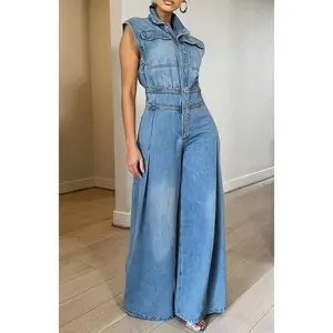 Women'S Wide Leg Denim Jumpsuit - Sleeveless Button Collared Minimalist Style
