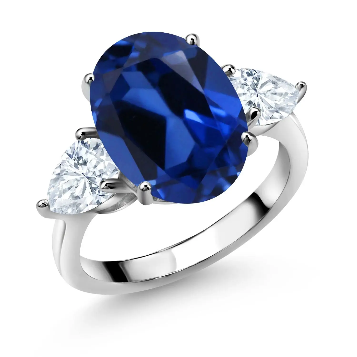 925 Sterling Silver 3-Stone Ring Oval Blue Created Sapphire and Moissanite (7.34 Cttw)