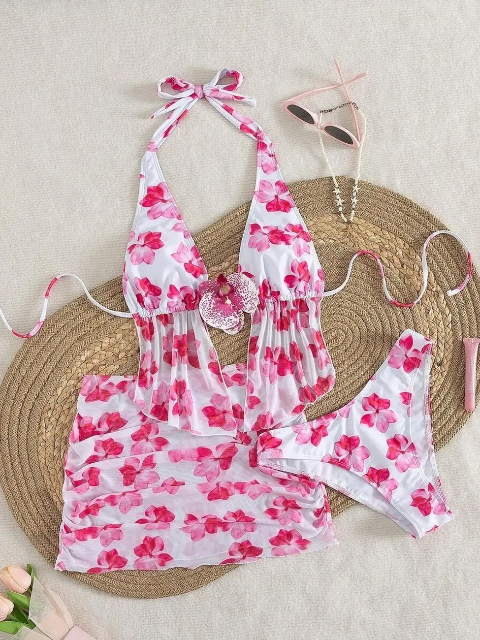 3 Piece Floral Print Bikini Set With Halter Top And Swim Skirt For Beach Vacation
