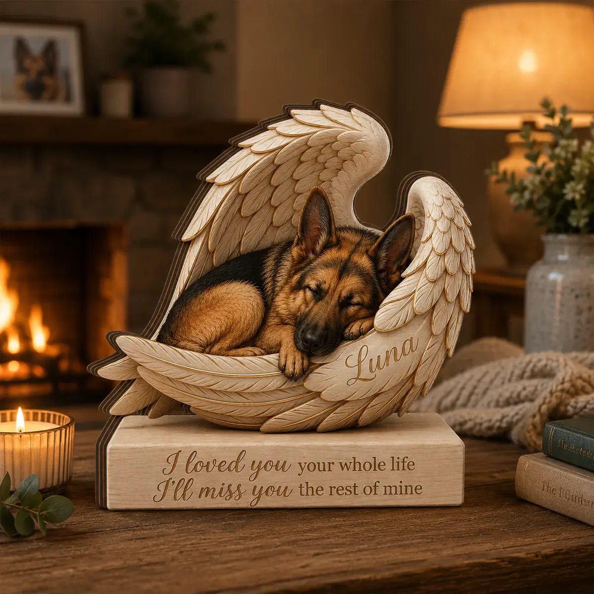 Personalized Wood German Shepherd Memorial Block - Custom Angel Wing Dog Portrait Stand, Pet Sympathy Memorial Gift for Graduation, Weddings, Anniversary, Bedside Tables