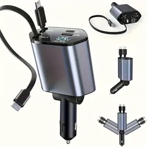 Retractable Car Charger, 4-in-1 Fast Car Phone Charger, 120W, With Retractable Cable (31.5 Inch) And 2 USB Port Car Charger Adapters, Compatible With iPhone 15/14/13/12/11, Compatible With Pixel Smart Devices