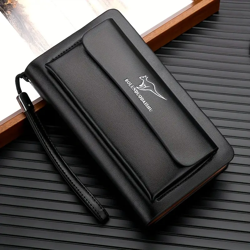 Men's Autumn-Winter New PU Leather Clutch Bag - Double Zipper, Large Capacity, Positioned Print, Multi-Function Organizer for Office Use, Business Scenarios