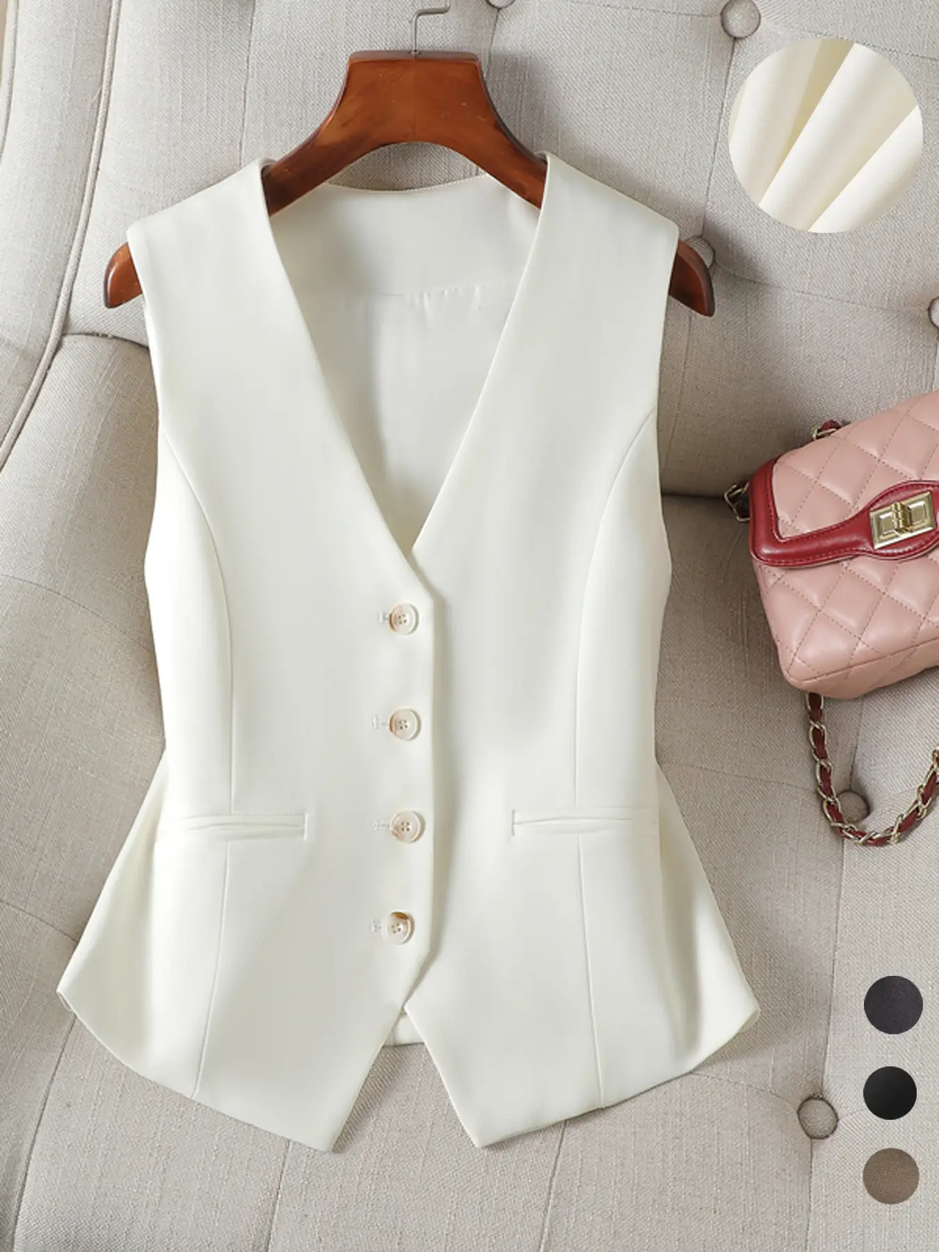 Women's Solid Button Front Pocket V Neck Suit Vest, Elegant Sleeveless Suit Vest for Work Office Business, Ladies Spring & Fall Clothes