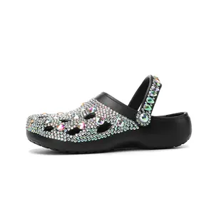 Women's Sparkling Rhinestone Clogs, Fashion Adjustable Strap Slip On Hole Sandals