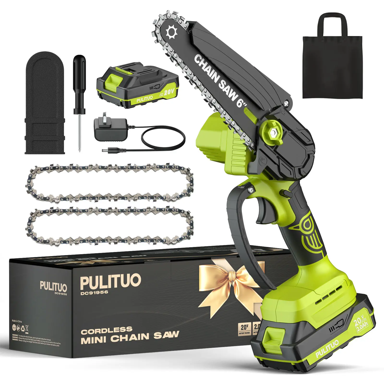 PULITUO Cordless Mini Handheld Chainsaw - 6-Inch Blade, 1-Hand Operated Lithium Battery, Dual Chains, Portable Battery Powered Power Tool with Tool Box for Gardening, Logging, Power Tools