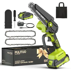 PULITUO Cordless Mini Chainsaw 6-Inch Blade One-Hand Operated Lithium Battery Dual Chains for Gardening Logging Woodworking DIY Projects Portable Tool