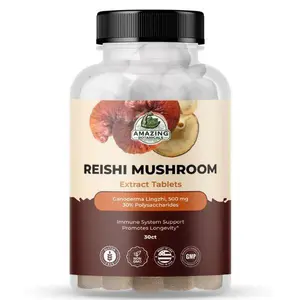 Amazing Botanicals Vegan Reishi Mushroom Extract Dietary Tablets - 500mg, 30% Polysaccharides, GMP Certified, GMO-Free Natural Complex, Antioxidant Supplement, 30 Count for Immune Support & Overall Wellbeing