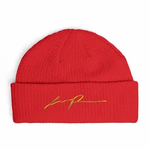 Embroidered Wilner Pierre Signature Cuff Beanie — Gold Script Knit Hat