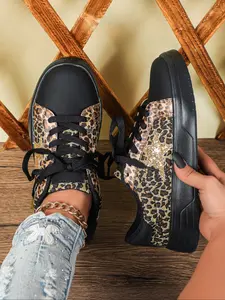 Women's New Fashion Leopard Print Casual Sneakers, Comfortable Lightweight Breathable Low Top Lace-Up Trainer Shoes, Perfect for Christmas Party