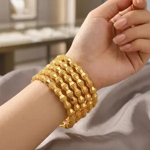 4Pcs Middle East Dubai Style 24K Gold Plated Yellow Bracelet, Vietnam Imported Jewelry with Color Retention, Women Wedding Adjustable Promise Ring, Comes with Heart Box
