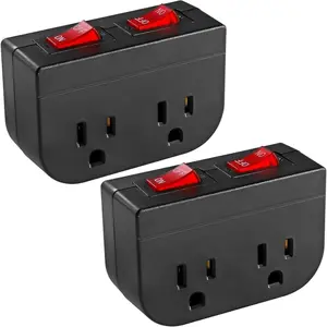 Grounded Outlet with Double ON Off , 2 Port Electrical Outlet Plug  15A 1875W / Wall Tap Adapter with Daul Red , ETL Listed (Black 2-Pack)
