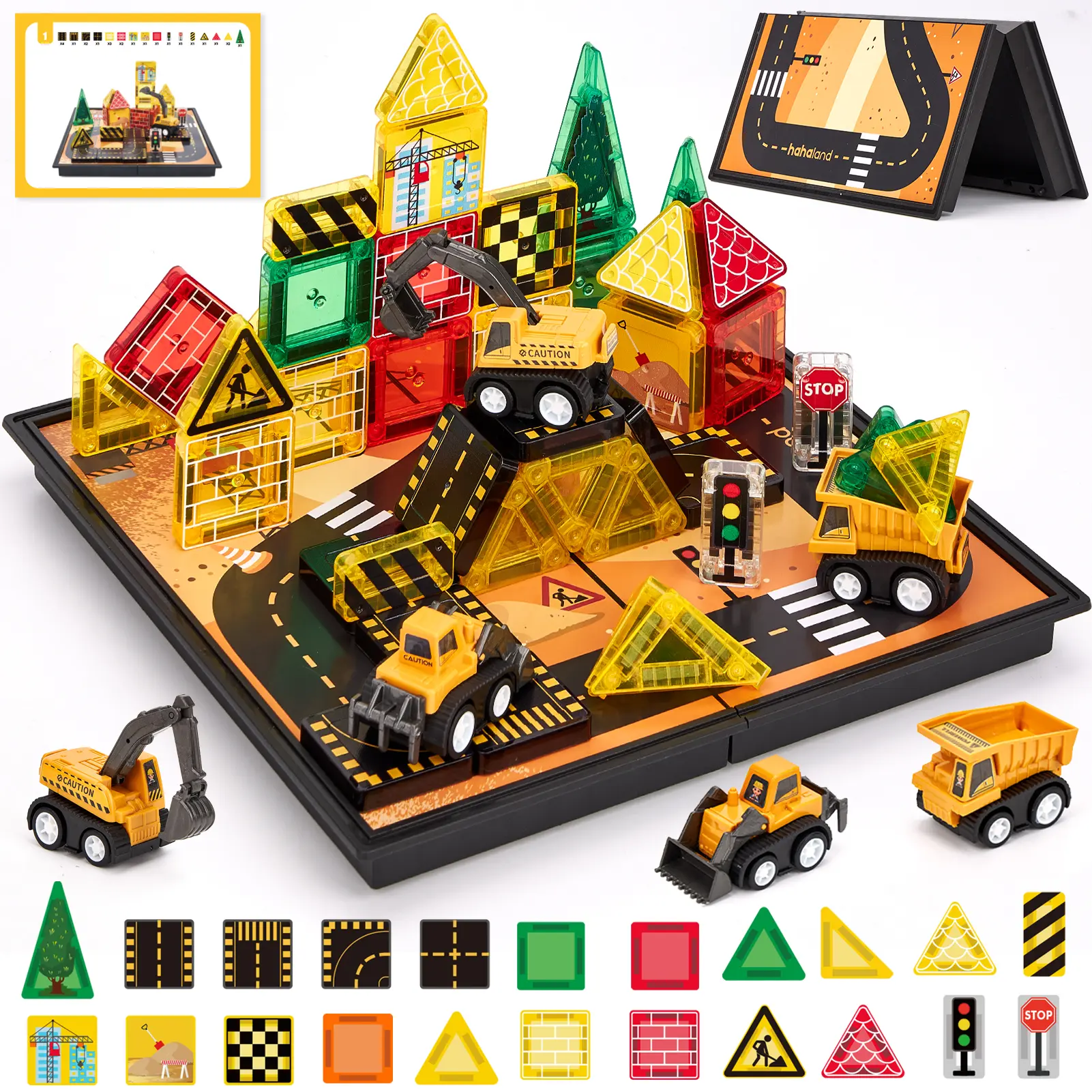 hahaland 38 PCS Magnetic Tiles Road Toppers Set for Kids Ages 3-5, Magnetic Building Blocks with Cars Toys for 3-5 Years Old Boys and Girls Stem Toys Birthday Gifts for Age 3 4 5 6 7 Year Old