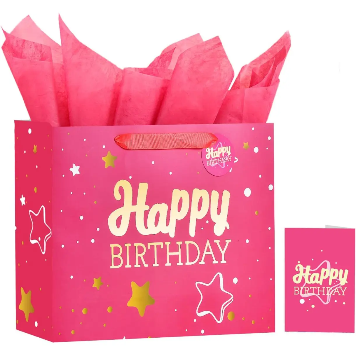 13" Pink Happy Birthday Gift Bag with Tissue Paper and Greeting Card for Party,Happy Birthday Gift Bag for Men Women,Gift Bags Medium size(1 PCS Pink Hot Stamping)
