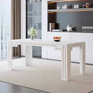 Faux Marble Dining Table 71"x31.5", Modern MDF Spliced Top Grooved Legs, Seats 6-8 for Dining Room Kitchen， White