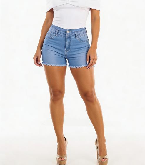 Women's Mid Rise Denim Shorts with Stretch Raw Hem Detail & Button Closure Casual Summer Style Jean Womenswear