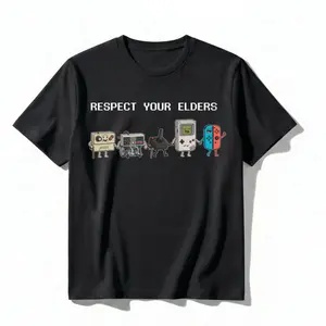 Unisex Cotton Oversize Shortleeve T-Shirt, Funny "Respect Your Elders" Retro Gamer Top with 90s Pixel Art Controller Prints, Personalized Vibe Sport Top Gift for Him/Her (Plain Design)