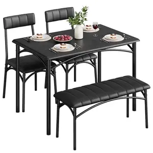Dining Table Set for 4 – Rectangular Kitchen Table with Upholstered Bench & 2 Cushioned Chairs, Dining Room Set with Metal Frame for Apartments, Kitchen, Small Spaces, Black