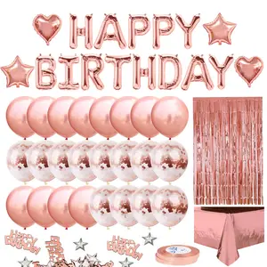 Rose Gold Birthday Decorations, Happy Birthday Ballons Banner, Rose Gold Fringe Curtain, Heart & Star Foil Confetti Balloons with Hanging Swirls for Women, Girls and Princess Birthday Parties