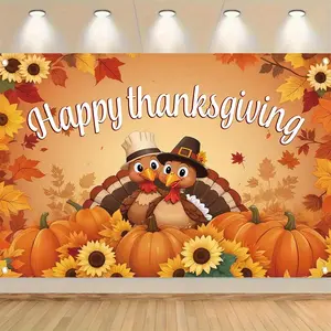Thanksgiving Polyester Banner, Turkey Maple Leaf Pumpkin Design, Fall Holiday Home Party Wall Decor, Bright Durable, Easy to Hang