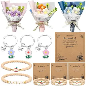 Wavwavw 3 Set Graduation Gifts for Teacher, Positive Handmade Mini Crochet Flowers Bouquet Flower Keychains Wooden Bead Bracelet with Card for Teacher Supplies (Pastel)