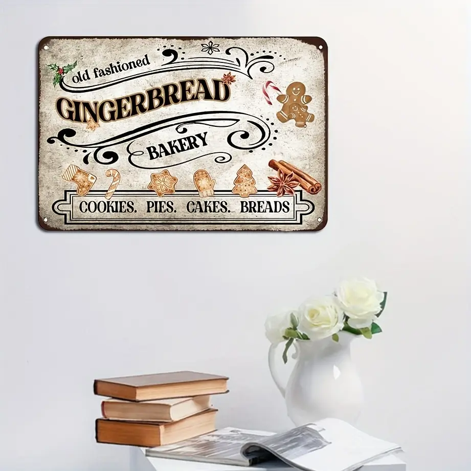 1PC Retro Metal Gingerbread Bakery Painting - 12x8 in Lightweight Non-Electric Stand, Hangable Eco-Friendly Handmade Bar Sign, Festive Holiday Kitchen/Bedroom Wall Decor, Clubs Home Supplies Gift