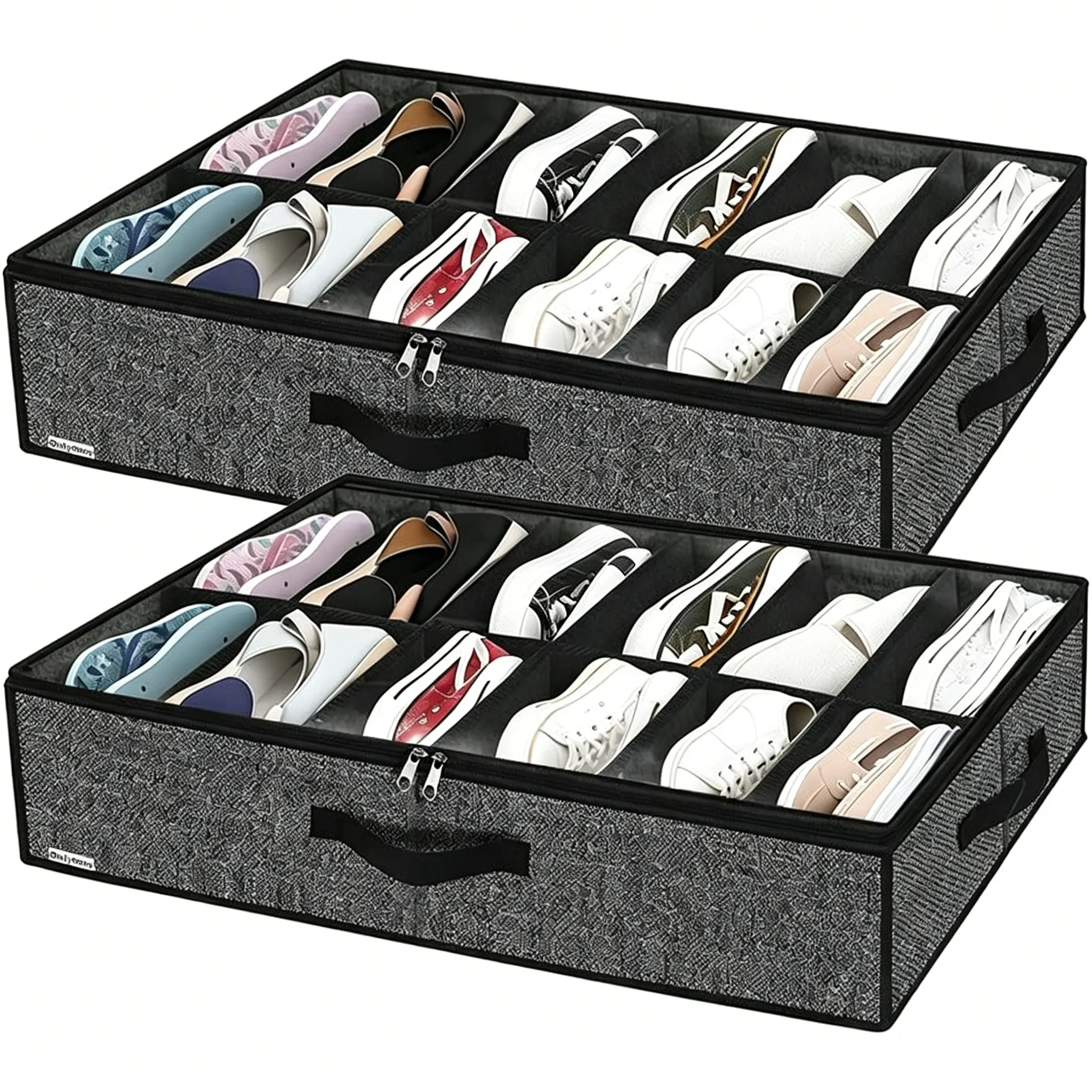UNIQDESIGN 2 Pcs Set Under Bed Shoe Storage Organizer, Foldable Travel Closet Organizer with Clear Window & Sturdy Handles, Holds 12-24 Pairs, 29.3"×23.6"×5.9", Companion for Travel Packing Cubes & Vacuum Bags
